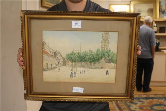 English School c.1900, watercolour, view of Edinburgh, 29 x 40cm, a later view of the Thames and a Continental town scene